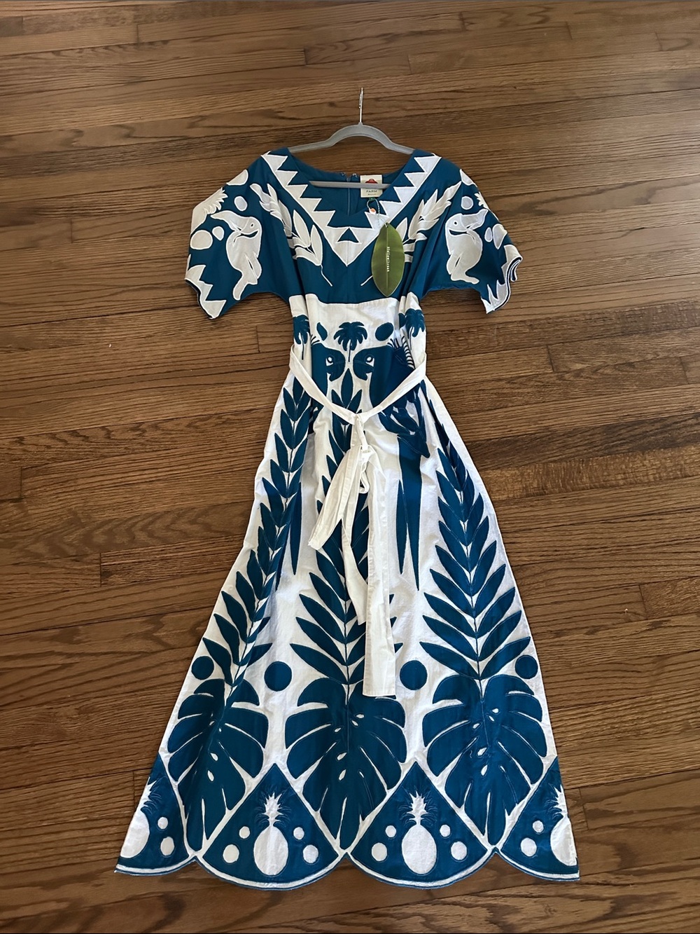 FARM Rio Teal and White Tropical Midi Dress with Tie Waist